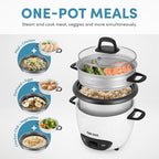 AROMA® Rice Cooker, 3-Cup (Uncooked) / 6-Cup (Cooked), Steamer, Small Rice Cooker, Oatmeal Cooker, Soup Maker, Auto Keep Warm, 1.5 Qt, White, ARC-743-1NG