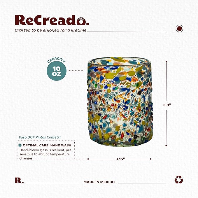 Confetti Dots Hand Blown Tumbler Glasses - 100% Recycled Mexican Glassware - Artisan Crafted Drinking Glasses for Cocktails, Wine, Tequila, or Water - Set of 6 (10 oz)