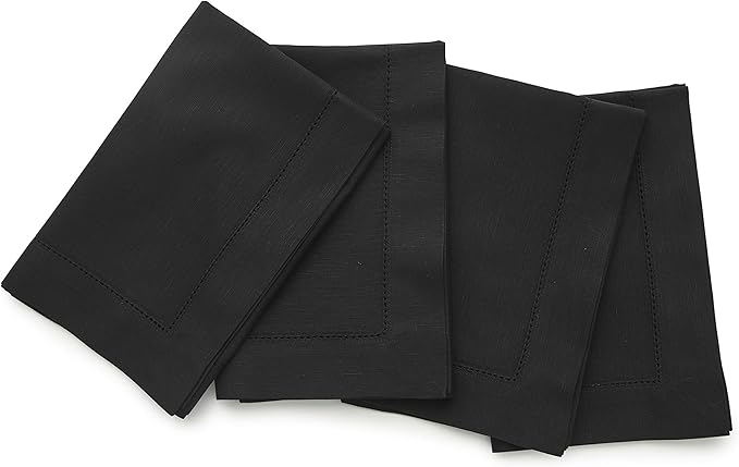 Solino Home Black Napkins Set of 4 - Cotton Linen Hemstitch Dinner Napkins Cloth 20 x 20 Inch for Winter, Holiday, New Year - Handcrafted and Machine Washable