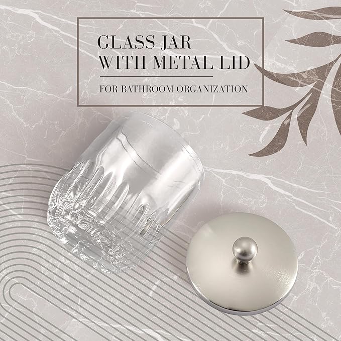 Glass Jar with Metal Lid for Bathroom Organization, Clear Apothecary Jar for Cotton Balls, Q Tips, and Small Accessories, Stylish Bathroom Storage Container Nickel
