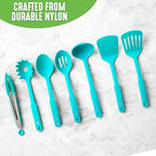GreenLife Cooking Tools and Utensils, 7 Piece Nylon Set including Spatulas Turner Spoons and Tongs, Dishwasher Safe, Caribbean Blue