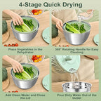 Stainless Steel Salad Spinner, 5.2 Qt Lettuce Spinner with Drain and 3-in-1 Mixing Bowl with 6 Blade Slicer, Multifunctional for Salad, Fruits
