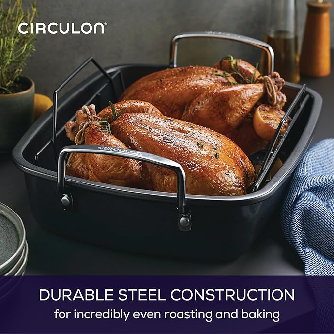 Circulon Ultra-Lasting Nonstick Roasting Pan with Rack, Roaster Pan with Easy Serve Rack, 17-Inch x 13-Inch, Black