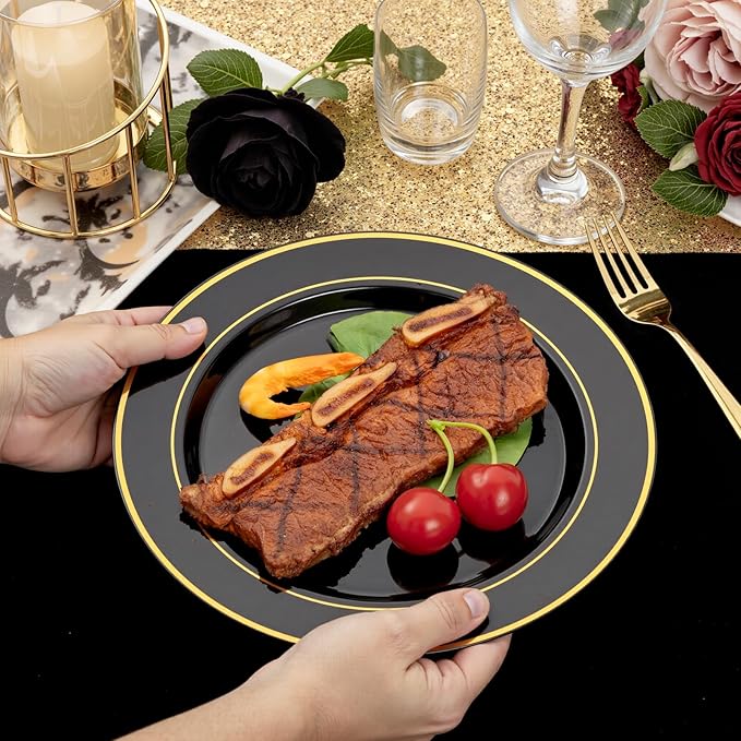 NOCCUR 200PCS Black and Gold Plastic Plates for 100 Guests - Include 100PCS 10" Dinner/ 100PCS 7" Dessert Disposable Plates Heavy Duty - Ideal for Party/Birthday/New Year