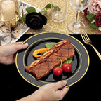 NOCCUR 200PCS Black and Gold Plastic Plates for 100 Guests - Include 100PCS 10" Dinner/ 100PCS 7" Dessert Disposable Plates Heavy Duty - Ideal for Party/Birthday/New Year