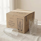 Vintage Drinking Glasses Set of 4, 16 oz Hand-Pressed Clear Glass Tumblers, Fern Embossed Retro Glassware, Textured Cups for Water, Cocktails & Beer, Decorative Kitchen Drinkware, Unique Boho Gift Set