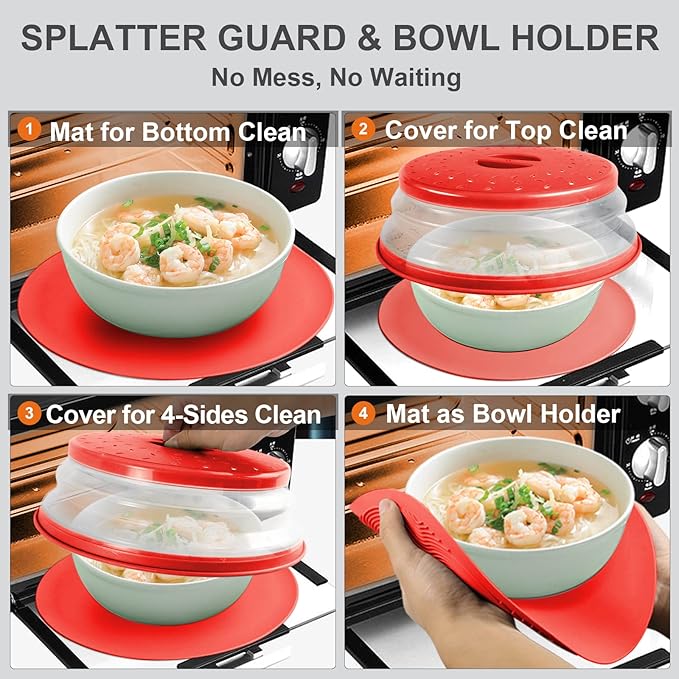 2 in 1, Aidacom Microwave Mat & Food Cover- Mat as Bowl Holder, Cover for Splatter Guard, Multi-use: Silicone Trivet, Pot Holders, Drying, Baking, Place Mat, Utensils Rest for Kitchen Counter, Red