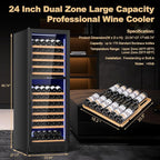 24 Inch Dual Zone Wine Cooler Refrigerator, Large Capacity Freestanding/Built-in Upgraded Professional Wine Fridge with Powerful Compressor, Advanced Cooling System, Quiet Operation, Black