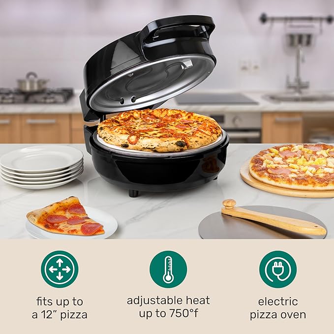 Homecraft Stone Baked Pizza Oven – 12in Woodfired Style Indoor Electric Countertop Pizza Maker – Ceramic Stone & Stainless Steel Peel – Variable Temp Control to 750°F – Homemade Pizza in Minutes-Black