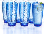26oz Blue Acrylic Glasses Drinkware (Set of 6), Hammered Design Shatter-Proof Plastic Cups, Reusable Plastic Large Drinking Tumblers, Stackable, BPA-Free, Dishwasher-Safe