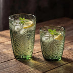 Vintage Green Drinking Glasses Set of 8, Mixed 10 oz & 12 oz Hand-Pressed Textured Glass Cups, Fern Embossed Retro Colored Glassware, Decorative Tumblers for Water & Cocktails, Boho Drinkware Gift Set