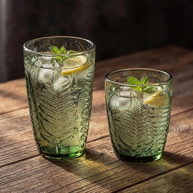 Vintage Green Drinking Glasses Set of 8, Mixed 10 oz & 12 oz Hand-Pressed Textured Glass Cups, Fern Embossed Retro Colored Glassware, Decorative Tumblers for Water & Cocktails, Boho Drinkware Gift Set