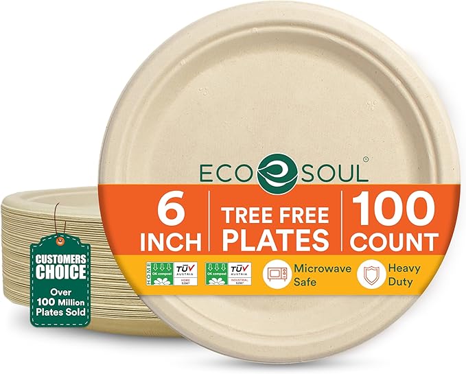 ECO SOUL Compostable Paper Plates 6 Inch (100 Count) Plates for Christmas Dessert, Heavy Duty, Eco-Friendly Sugarcane Bagasse Small Plates For Appetizer- Natural Brown