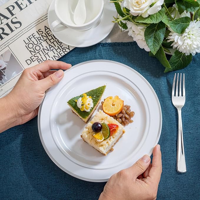 NOCCUR 200PCS Silver Plastic Plates Disposable for 100 Guests - Include 100 Dinner / 100 Dessert Plates Heavy Duty - Ideal for Party/Wedding/Christmas