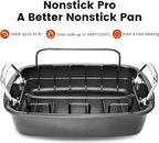 Nonstick Roasting Pan with Rack, Turkey Roasting Pan for Oven, Large Roaster Pan with Handle for Chicken, 17 X 13 Inch, Carbon Steel, Dark Grey