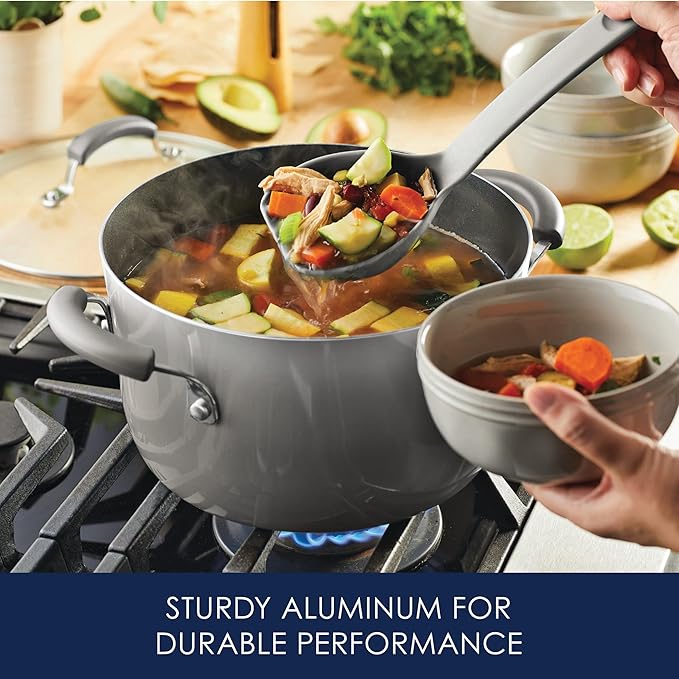 Rachael Ray Brights Nonstick Cookware Pots and Pans Set, 14 Piece, Sea Salt Gray