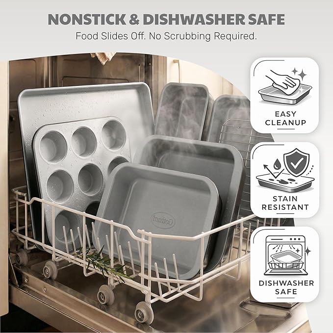 Gotham Steel 6 Pc Stackable Baking Pans Set, 70% Space Saving Design, Ceramic Bakeware Sets Non Toxic Made Without PFOA PFOS, with Cookie Sheet Tray, Cake & Muffin Pans, Oven & Dishwasher Safe