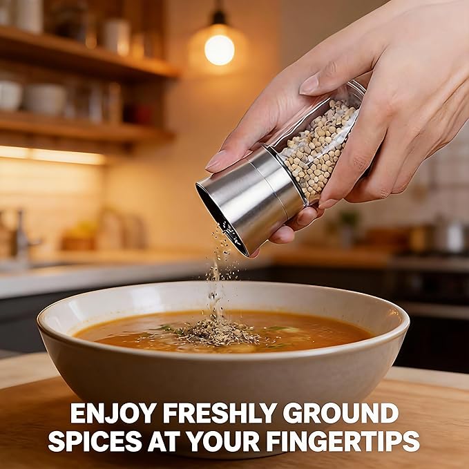 Gorgeous Salt & Pepper Grinder Set — Refillable Stainless Steel & Glass Spice Mill with Adjustable Coarseness — Perfect For Himalayan Or Sea Salts, Fresh Ground Pepper, Or Fresh Spices (1 Pack)
