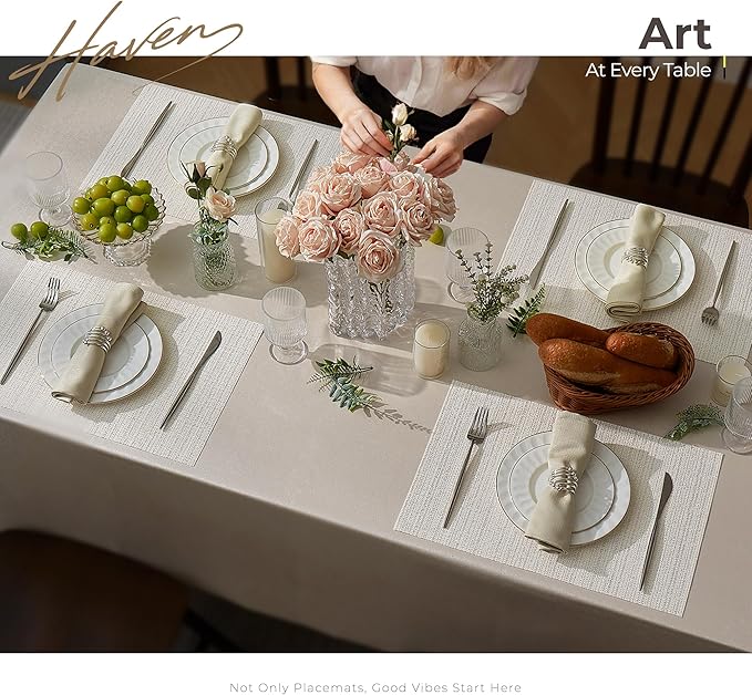 Leetaltree Luxury White and Silver Woven Placemats Set of 12 - Waterproof Washable Textured Table Mats for Wedding, Anniversary, Daily Use - Sparkling Metallic Thread Table Decor - Hand-Cut