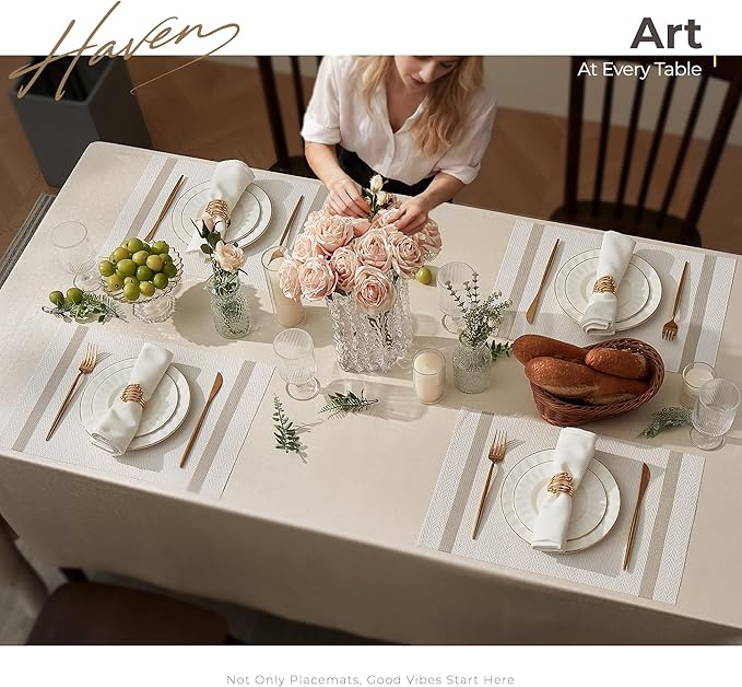 Leetaltree Luxury White Placemats with Gold Stripes Placemats Set of 4 - Waterproof Washable for Wedding, Anniversary, Daily Use - Sparkling Table Decor - Hand-Cut