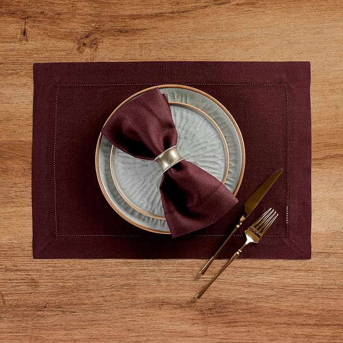 Solino Home Linen Cloth Placemats Set of 4 - 100% Pure Linen Hemstitch Burgundy Placemats 14 x 19 Inch - Classic Hemstitch Table Place Mats for Holiday, Winter, Valentines