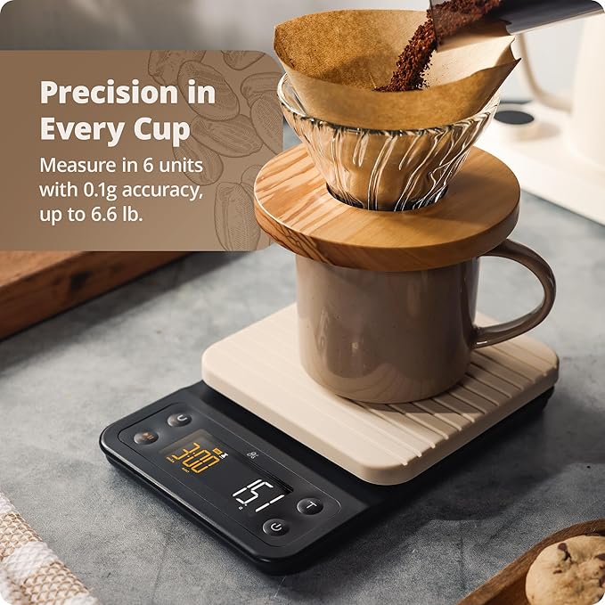 Greater Goods Coffee Scale with Timer – 0.1g Precision Digital Coffee & Espresso Scale for Pour-Over, Coffee Bean Weighing, Barista Brewing, Waterproof Cover, 3kg Capacity (Birch White)