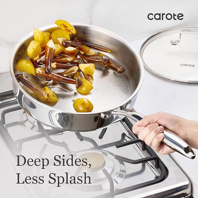 CAROTE 21pcs Tri-Ply Stainless Steel Cookware Set, Pots and Pans Set, Non Toxic Induction Kitchen Cooking Sets, Cookware Collection, Mirror Polish, Silver