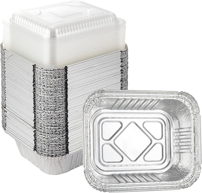 Waytiffer 5.5" x 4.5"(100Pack) Disposable Takeout Pans with Clear Lids | 1lb Capacity Aluminum Foil Food Drip Containers/Meal Prep Freezer Drip Pans BBQ Potluck Holidays