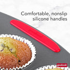 GoodCook MegaGrip 12-Cup Muffin Pan with Silicone Grip Handles Perfect for Cupcakes Durable Heavy-Gauge Steel Construction Scratch-Resistant Nonstick Coating, 15.5x10.5-Inch, Gray