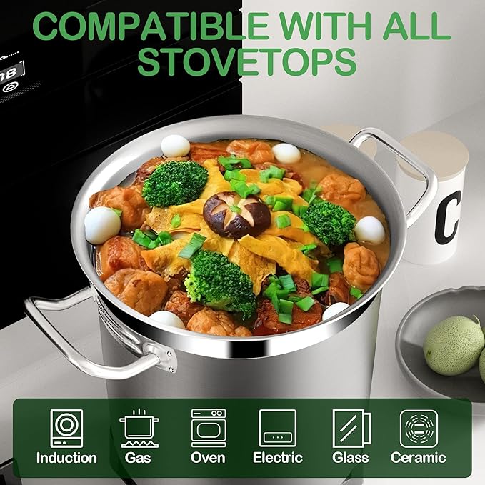 STOCKPOT Stock Pot 20 Quart with Lid – Stainless Steel Cooking Pot for Soup, Stew, and Pasta – Heavy Duty Induction Compatible Stockpot for Kitchen or Commercial Use, Oven Safe