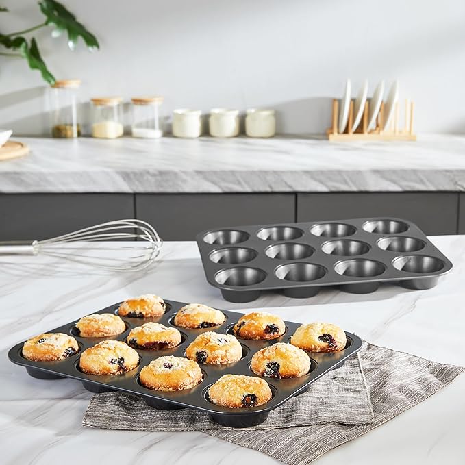 HONGBAKE Non-Stick Muffin Pans 12 Cup, Carbon steel Cupcake Pan for Baking, 2 Pack Non toxic Health Muffin tin -Dark Grey