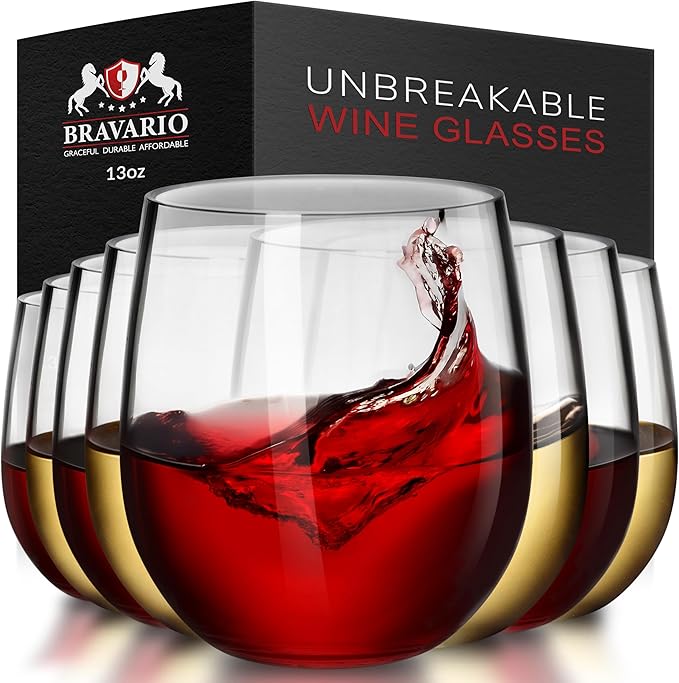 Bravario Unbreakable Stemless Plastic Wine Glasses | Reusable | Shatterproof 100% Tritan Plastic | Dishwasher-Safe | BPA-free | Awesome for Indoor & Outdoor | 13 oz, Set of 8