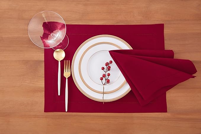 Solino Home Red Placemats Set of 4 - Cotton Linen Hemstitch Placemats 14 x 19 Inch for Winter, Valentines, Holiday, New Year