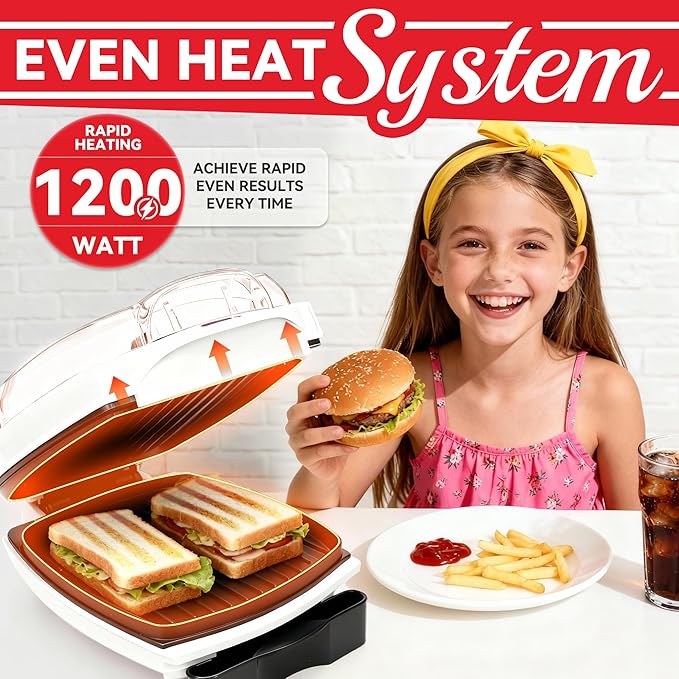 2 In 1 Hamburger Grill Maker, Electric Indoor Grill and Panini Press with Non-stick Grill Plates, 1200W, Easy to Clean and Store, White