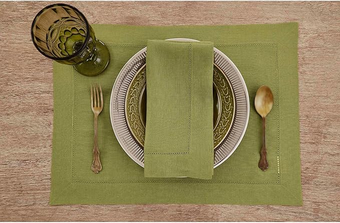 Solino Home Linen Napkins Set of 4 - Classic Hemstitch 100% Pure Linen Avocado Green Dinner Napkins Cloth 20 x 20 Inch for Winter - Handcrafted and Machine Washable