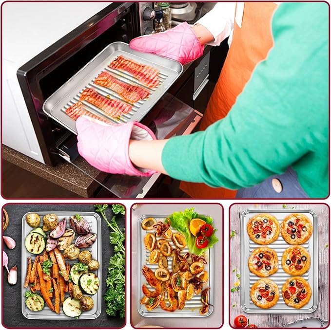 P&P CHEF 10.4 x 8 x 1 Inch Mini Toaster Oven Pan, Stainless Steel Small Baking Pan Oven Tray for Cooking & Roasting, Corrugated Bottom, Healthy & Sturdy, Dishwasher Safe - 2Pcs
