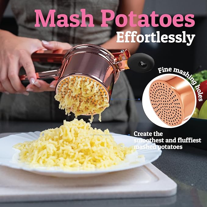PriorityChef Large 15oz Potato Ricer, Heavy Duty Stainless Steel Potato Masher and Ricer Kitchen Tool, Press and Mash Kitchen Gadget For Perfect Mashed Potatoes - Everytime, Rose Gold and Black