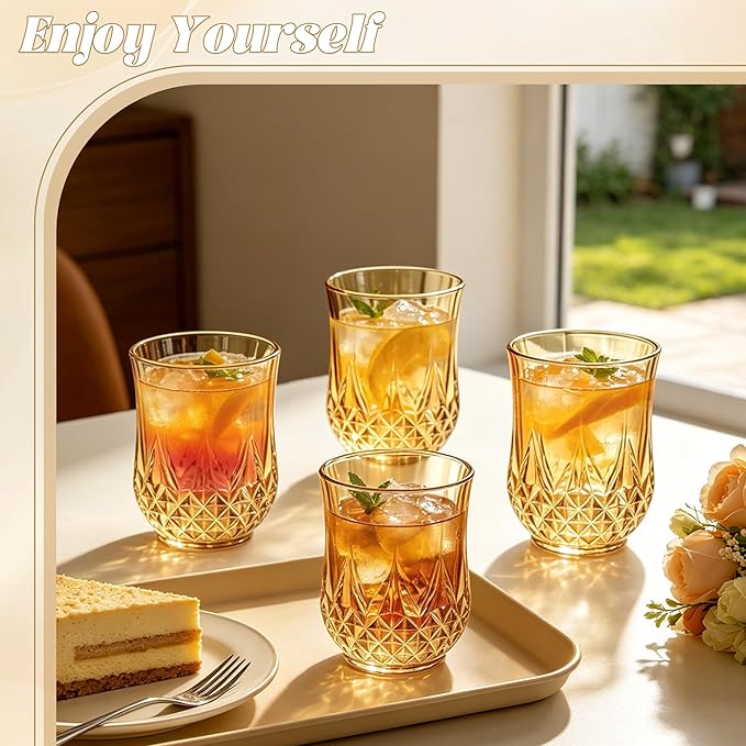 24 Pack Plastic Stemless Wine Glasses,12oz Unbreakable Vintage Elegant Drinking Glass Set,Reusable Fancy Cocktail Cups for Party, Wedding, and Bulk Events (24, 12oz-Gold)