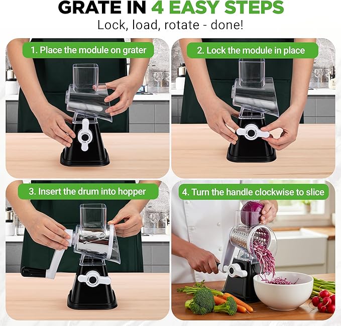 Nutrichef 3 in 1 Cheese Grater & Shredder | Strong Suction Base, Rotary Handle with Safety Lock | Includes Hand Crank & 3 Drum Blades for 3 Textures, Fine, Medium & Strips | Black