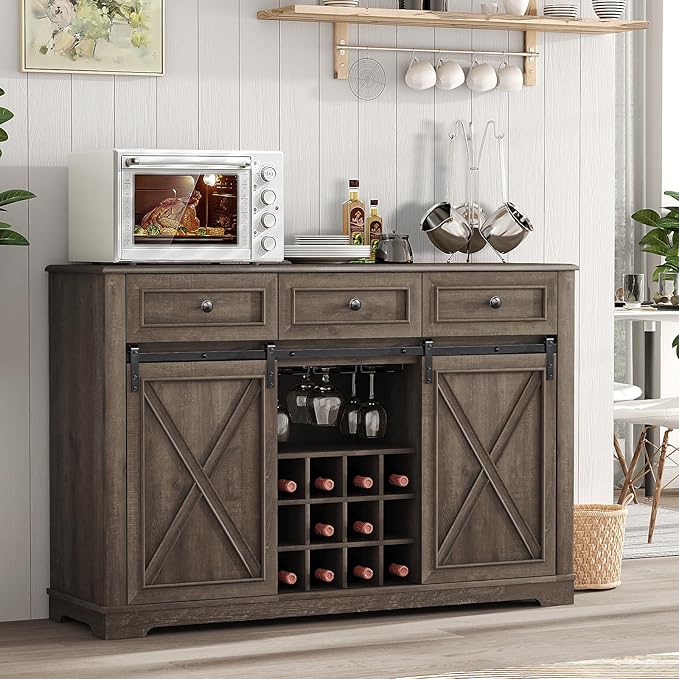 Farmhouse Wine Bar Cabinet with Storage, Liquor Cabinet with Rack for Inside Cabinet, Coffee Bar Cabinet with Sliding Barn Door, Buffet Table for Kitchen, Living Room, 54 Inch (Antique Brown)