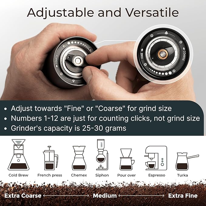 Premium Manual Coffee Grinder for Espresso, Pour Over & French Press with Stainless Steel Conical Burr, Precision Adjustable Hand Grinder, Compact Travel Size - by Alpaca Ventures