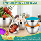 E-far Mixing Bowls With Lids Sets of 5, 10-Piece Stainless Steel Salad Metal Nesting Bowl for Baking Cooking and Prepping, Airtight Lid & Stackable Design, Size 4.6, 3, 2.1, 1.5, 0.7 QT, Colorful
