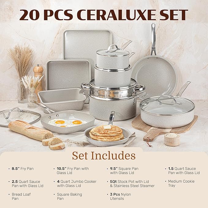 Granitestone Ceraluxe 20 Pc Ceramic Cookware Set Nonstick, Complete Pots and Pans Set Non Stick for Kitchen with Bakeware, Utensils & Steamer, Non Toxic Made Without PFOA PFOS, Oven & Dishwasher Safe