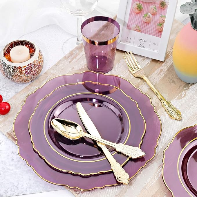 KIRE 210Pcs Purple Plastic Plates with Gold Rim& Silverware &Cups&Hand Napkin - Baroque Clear Plastic Dinnerware for Upscale Wedding/Parties Plates