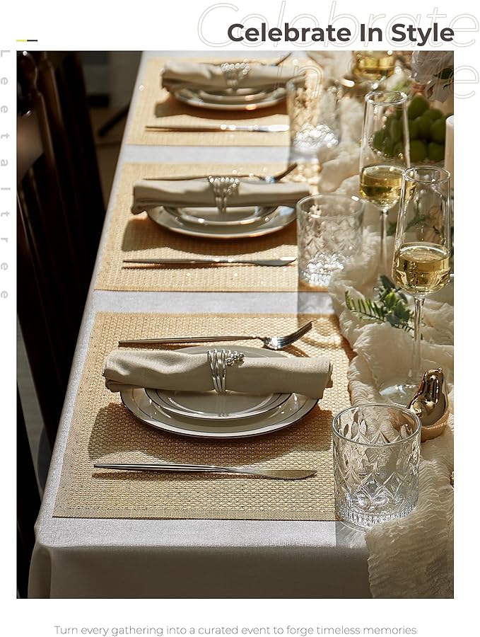 Leetaltree Luxury Gold Sequin Placemats Set of 8 - Waterproof Washable for Wedding, Anniversary, Daily Use - Sparkling Table Decor - Hand-Cut