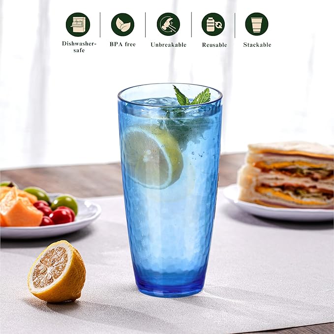 26oz Blue Acrylic Glasses Drinkware (Set of 6), Hammered Design Shatter-Proof Plastic Cups, Reusable Plastic Large Drinking Tumblers, Stackable, BPA-Free, Dishwasher-Safe