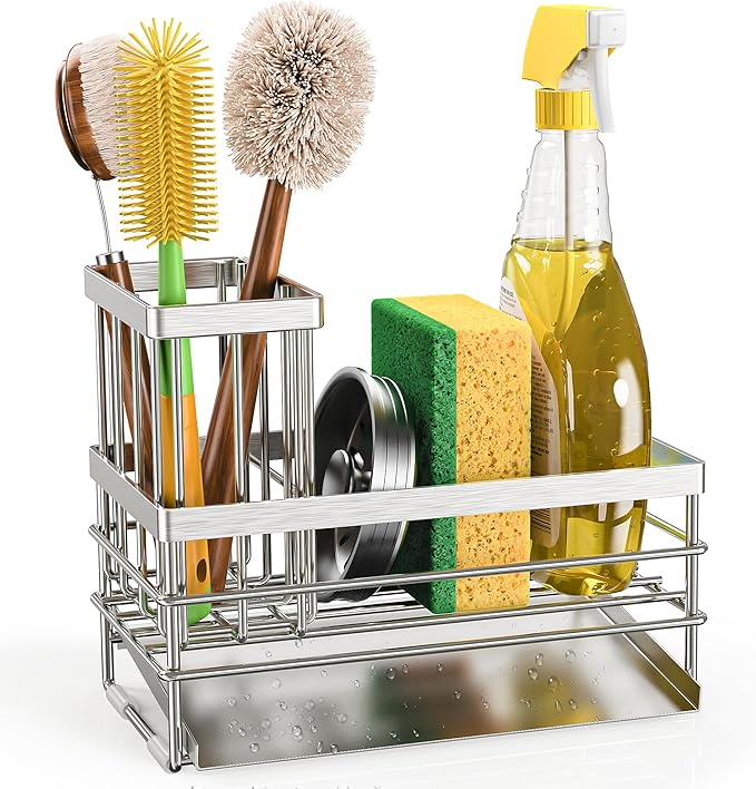 Cisily Sink Caddy Sponge Holder for Kitchen with Brush Holder and Stainless Steel Self Drain Tray, Rustproof Kitchen Sink Organizer for Sponge, Soap Dispenser Storage Accessories (Stainless Steel)