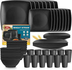 Teivio 48-piece Plastic Wheat Straw Square Dinnerware Set for 12, Unbreakable Dinner Plates, Salad Plates, Snack Bowls, Tumblers 13.5 oz, Dishwasher Safe Kitchen Outdoor Camping RV Dish, Black