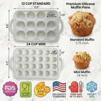 2-Pack Silicone Muffin Pan Set – Regular 12 Cup & Mini 24-Cup Silicone Muffin Pans for Baking – Nonstick Silicone Cupcake Pan with Metal-Reinforced Handles – BPA-Free, Dishwasher-Safe, Cream