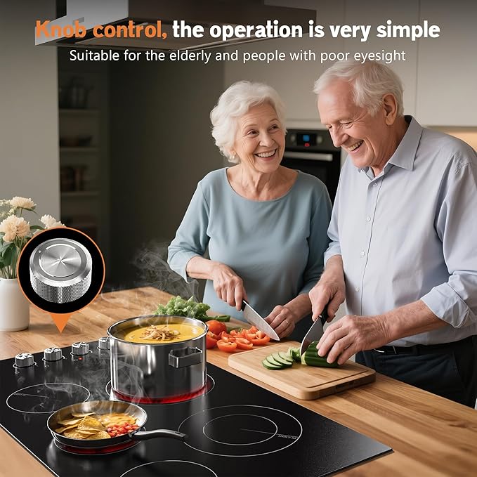 Karinear 36" Electric Cooktop 5 Burners, Knob Control Electric Stove Top, 9 Power Levels, Residual Heat Indicator, 8400W, 40A, 240V Hardwire(Sliver)